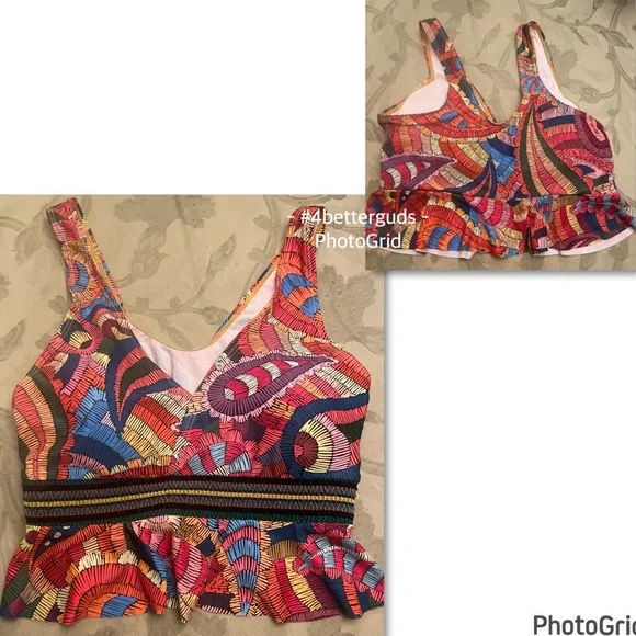New Tankini Ruffle Colorful Abstract Graphic Boho Print Tassel Swimsuit Medium - Picture 2 of 16